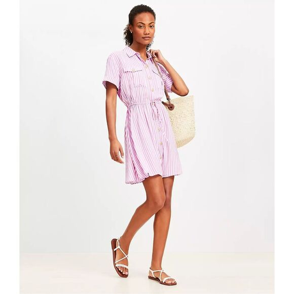 Loft Striped Mini Pocket Shirtdress Purple Size Medium - Picture 2 of 12